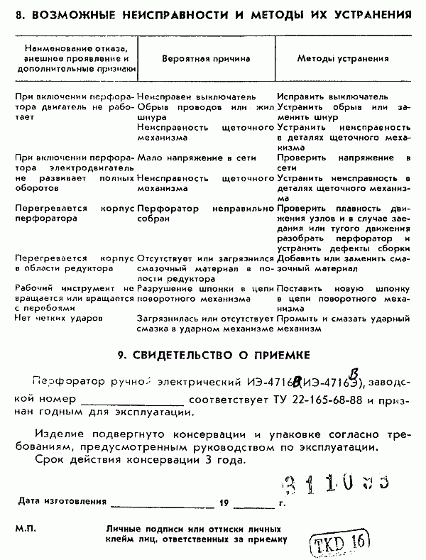 Возможные неисправности перфоратора ИЭ-4716 и методы их устранения